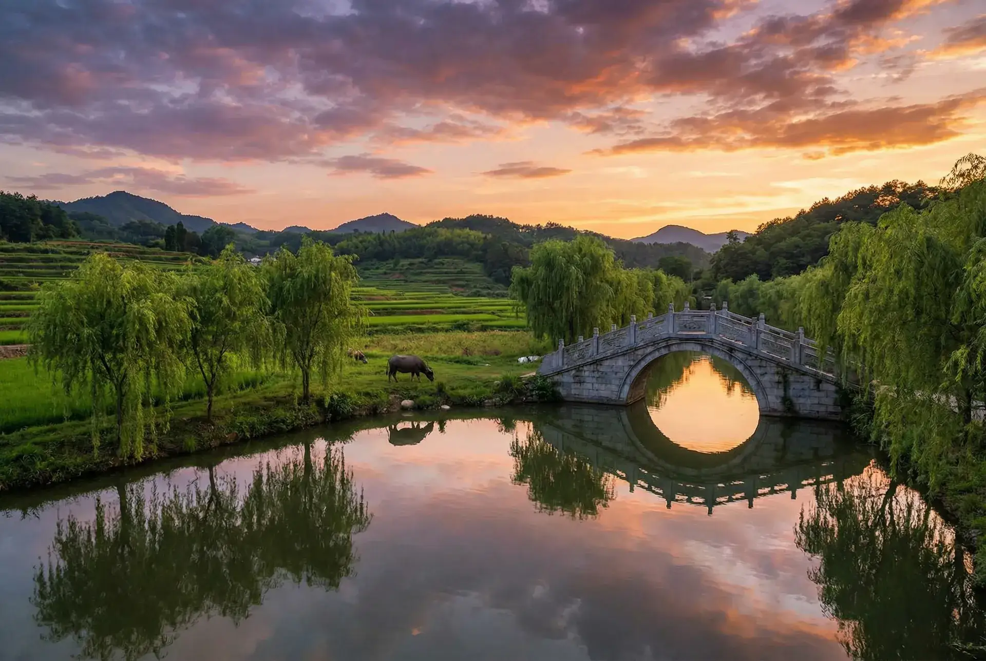 夕阳下的石拱桥与垂柳，水牛在河边吃草 - 国产无套白浆一区二区 乡村美景